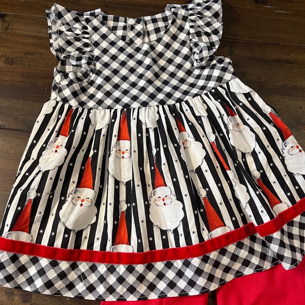 Ric Rac and Ruffles Santa set, black and white top and red flair pants size 2T - Picture 2 of 5